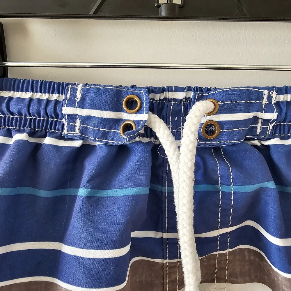 3T Quad Seven blue, gray and white swim trunks Vacation Spring Break beach shore